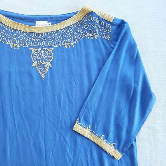 Boho Tunic Women L Blue Relaxed Top Lagenlook Peasant Hippie Coastal Embroidered - Picture 1 of 12